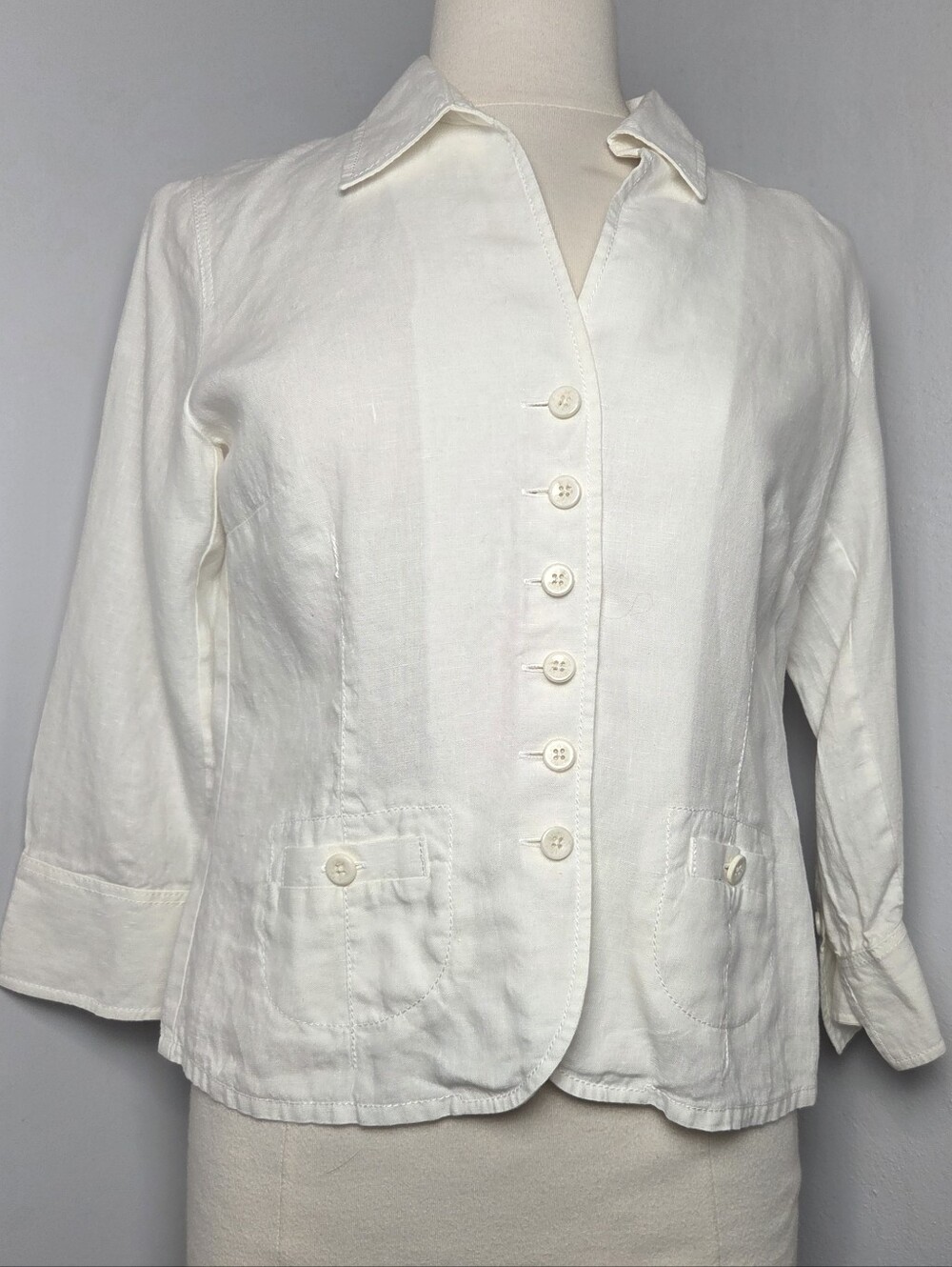 Vintage Talbots Petite 100% Irish Linen Cropped White Button Jacket Womens 8P